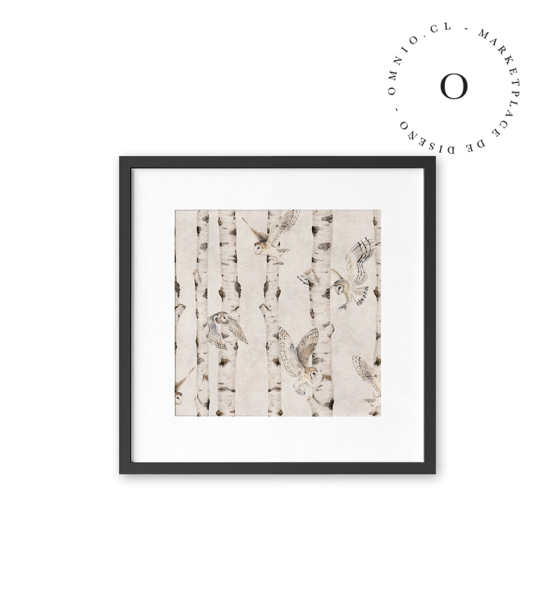 Birch And Owls White Cuadro