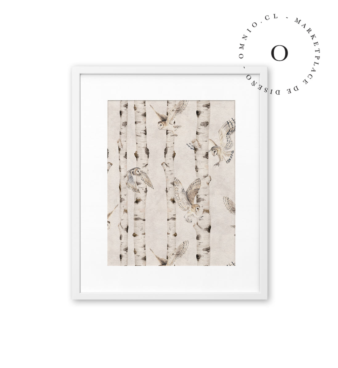 Birch And Owls White Cuadro