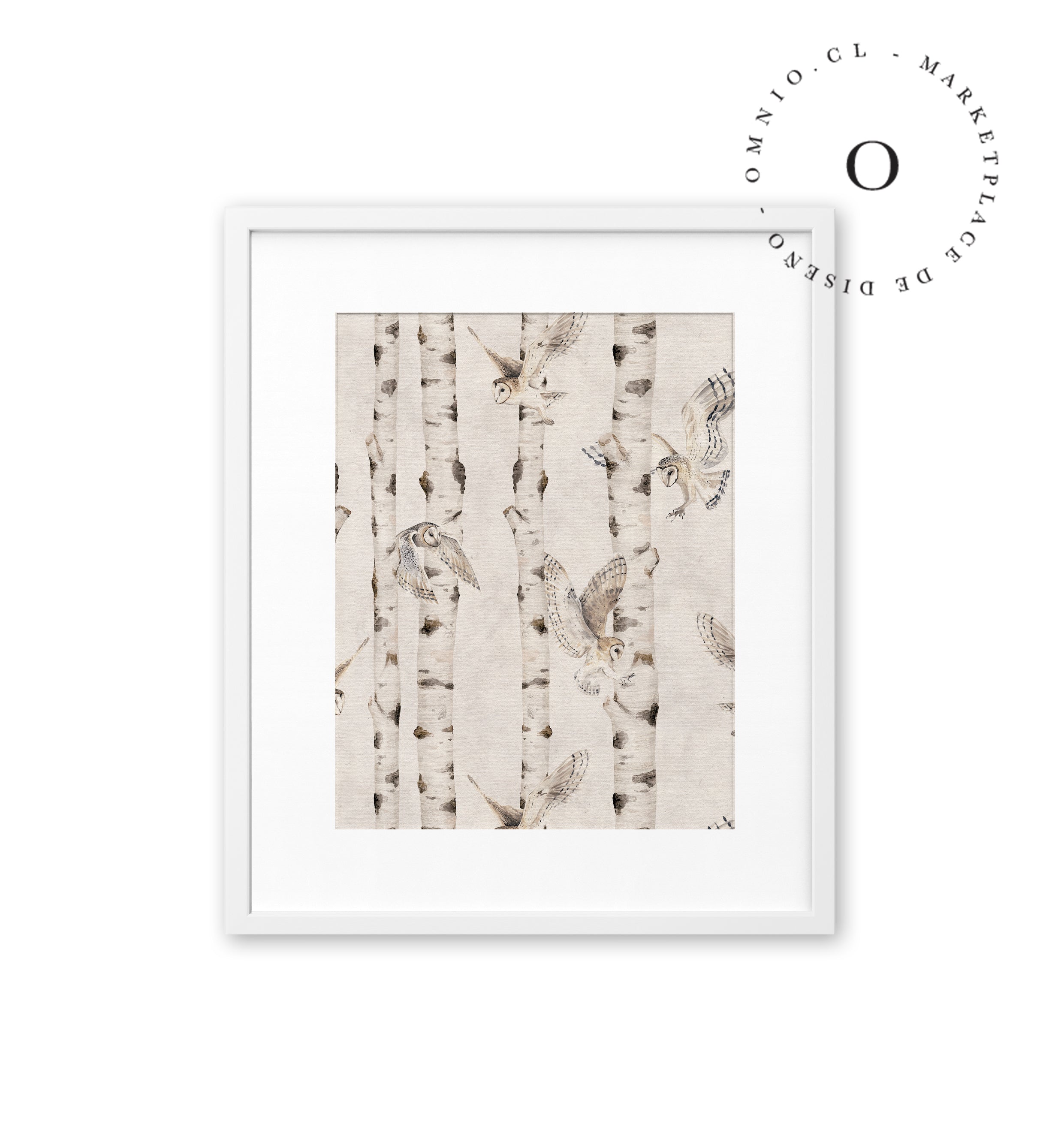 Birch And Owls White Cuadro