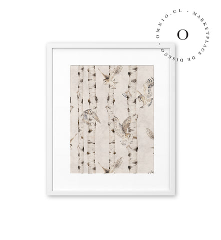 Birch And Owls White Cuadro