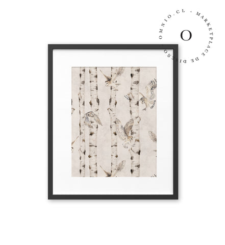Birch And Owls White Cuadro