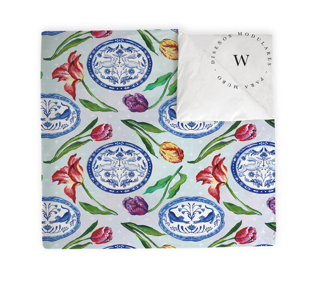 Manta Acolchada (Piecera) Blue Plates & Tulips 180 x 90 cm