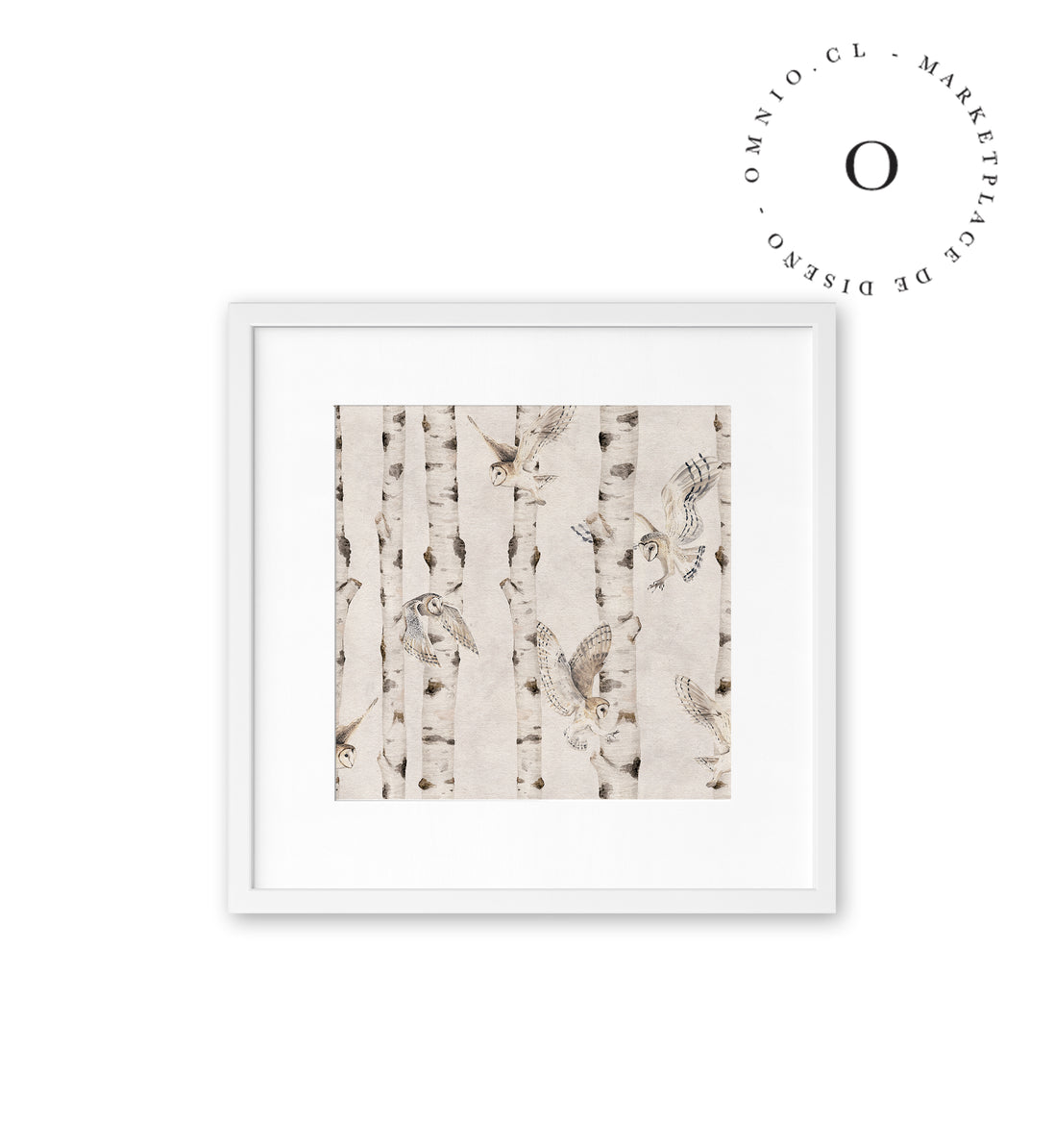 Birch And Owls White Cuadro