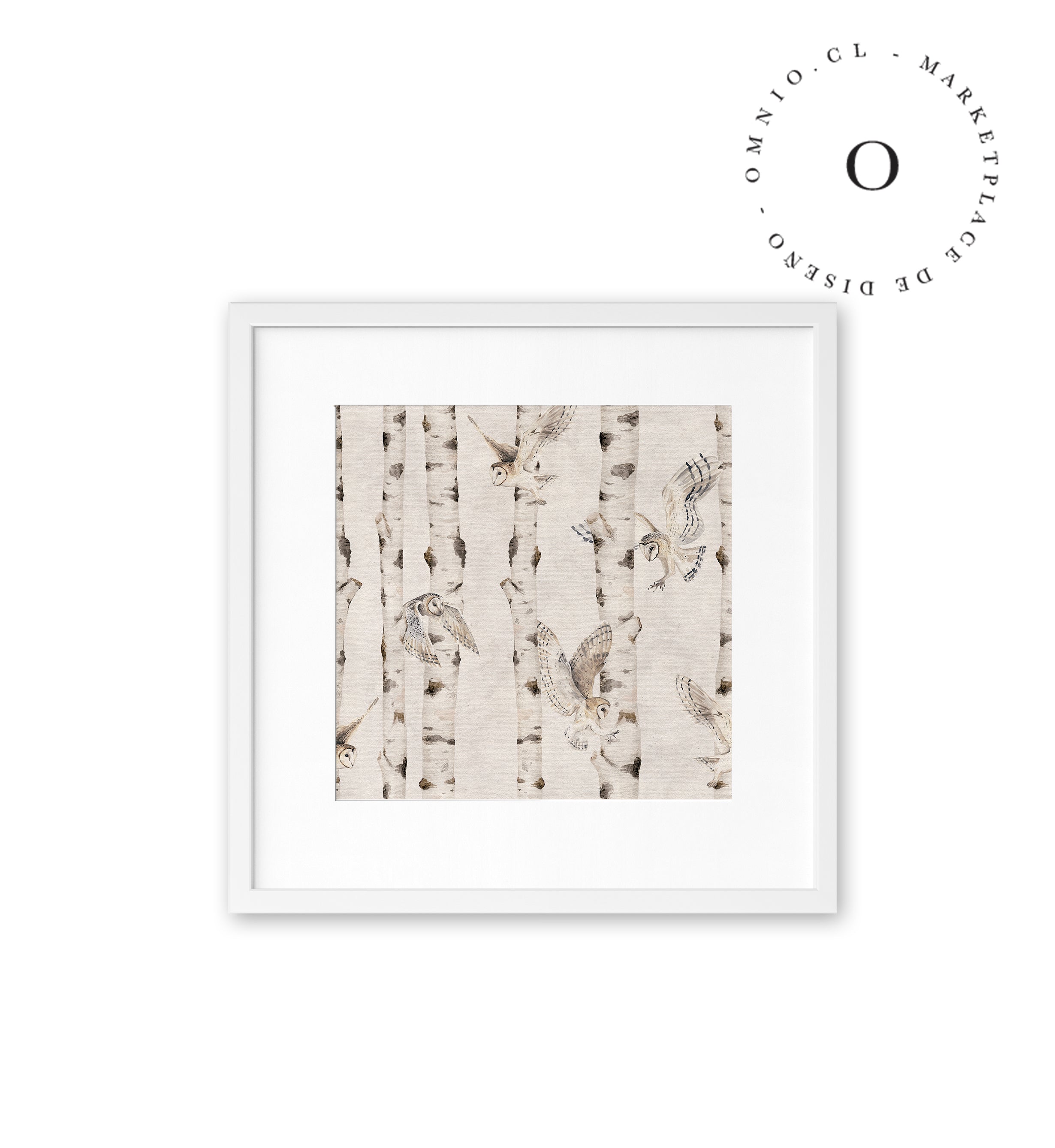 Birch And Owls White Cuadro