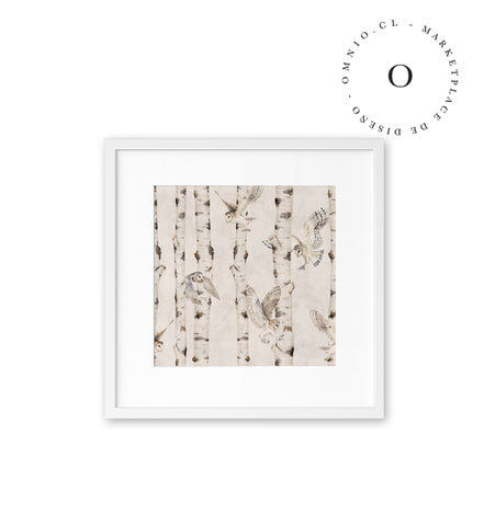 Birch And Owls White Cuadro