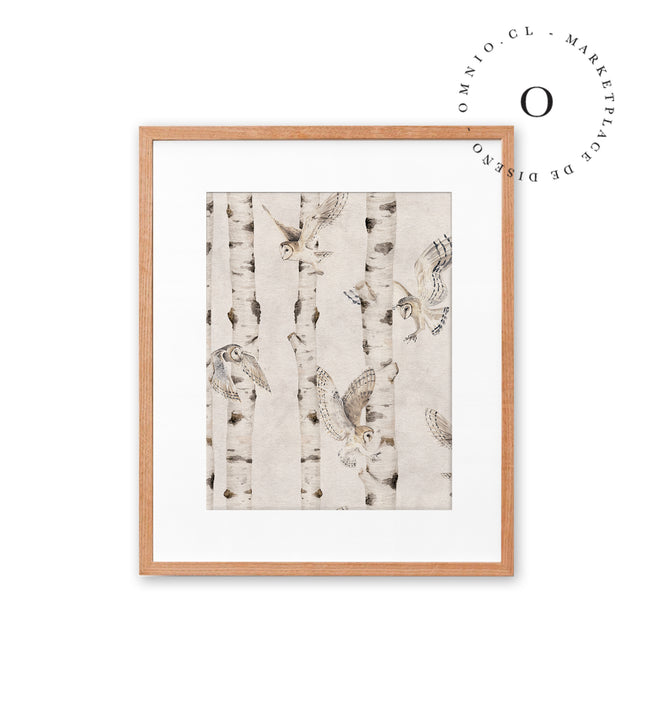 Birch And Owls White Cuadro