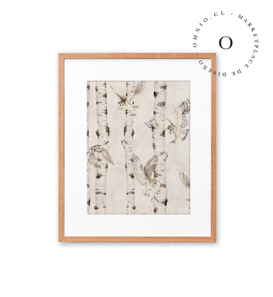 Birch And Owls White Cuadro