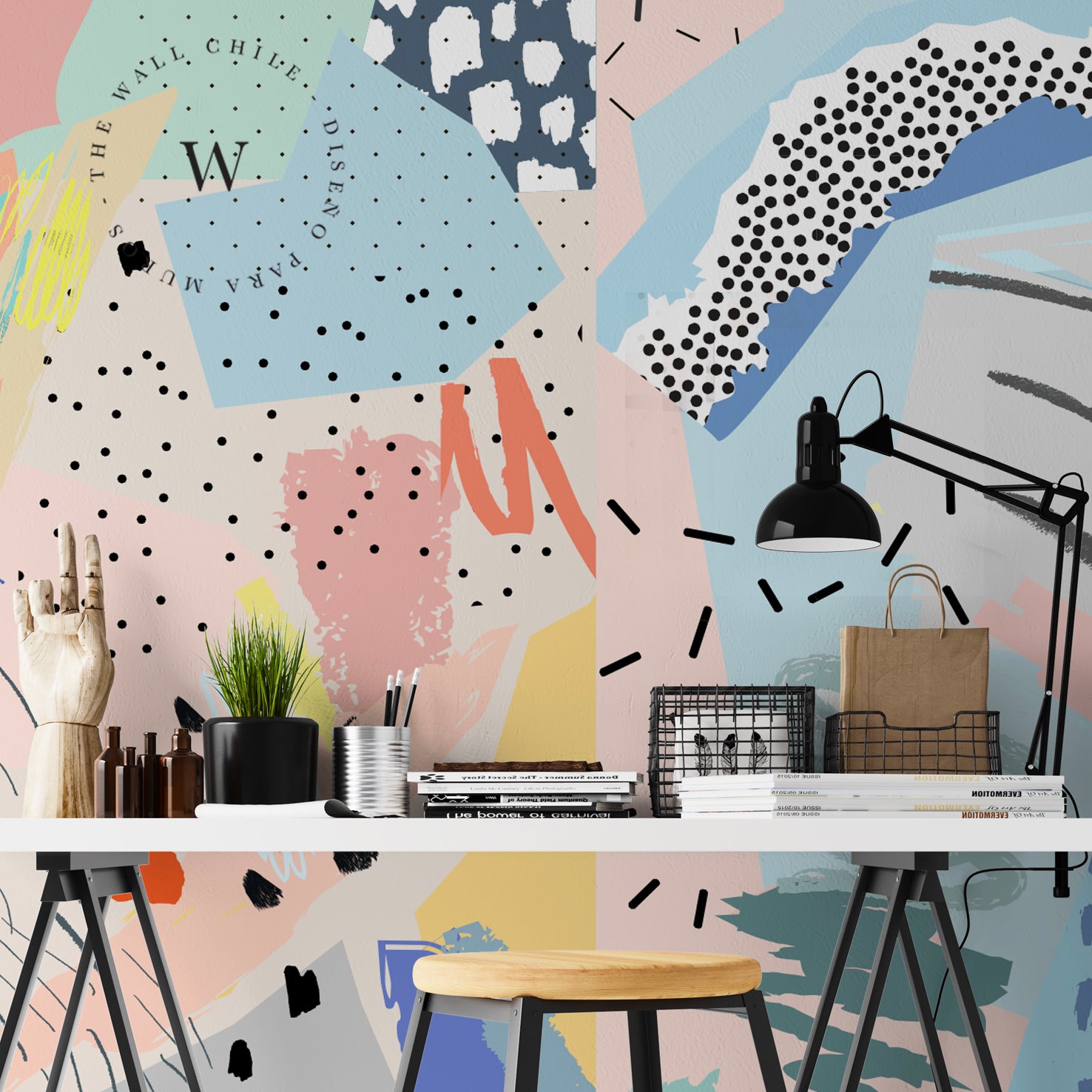 Papel Mural y Vinilico Autoadhesivo para muros de la marca The Wall, diseño de tendencia Art Memphis