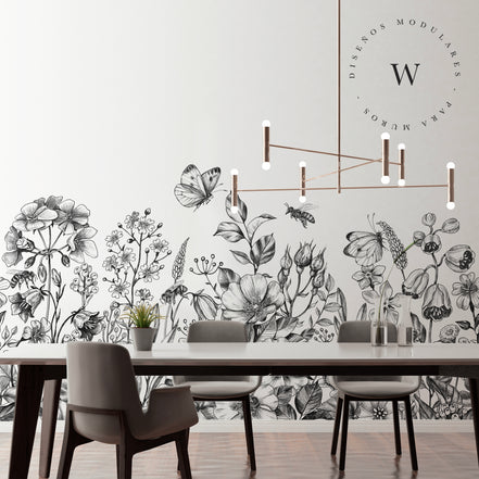 Papel Mural y Vinilico Autoadhesivo para muros de la marca The Wall, diseño de tendencia Black Flowers