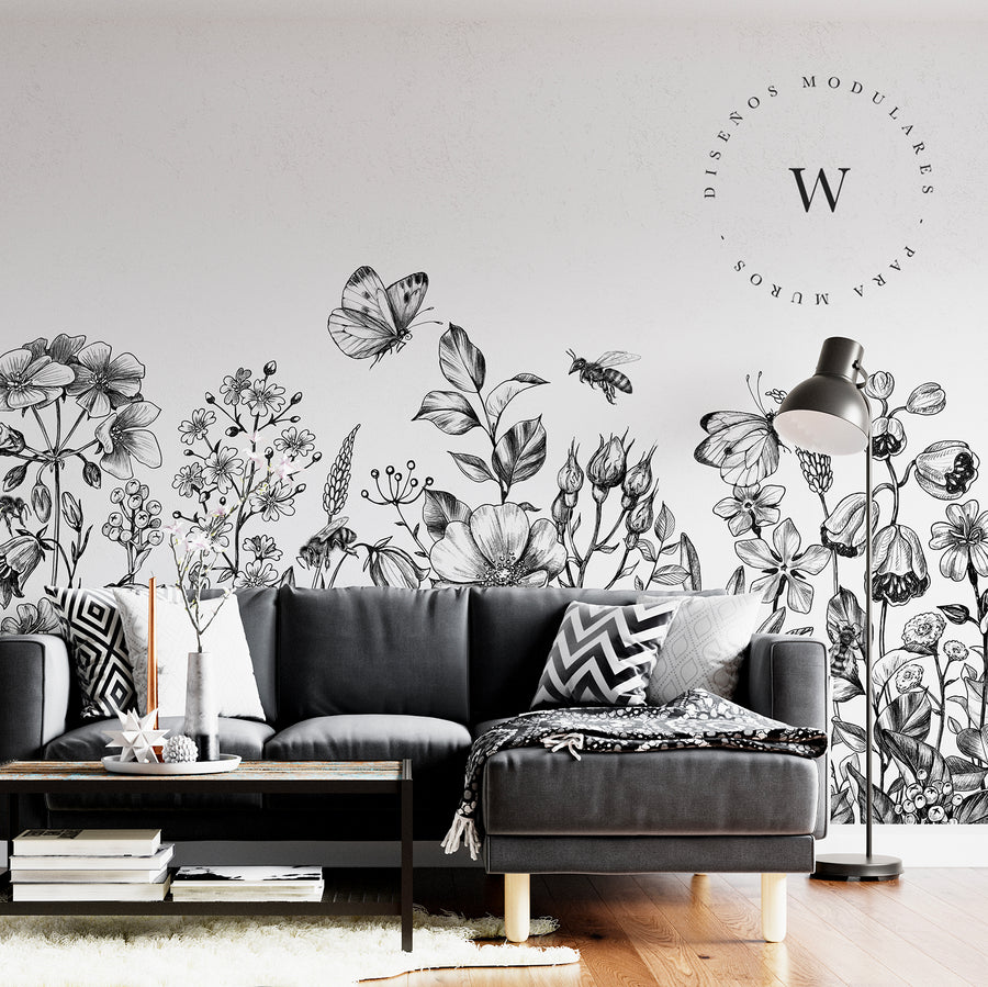 Papel Mural y Vinilico Autoadhesivo para muros de la marca The Wall, diseño de tendencia Black Flowers