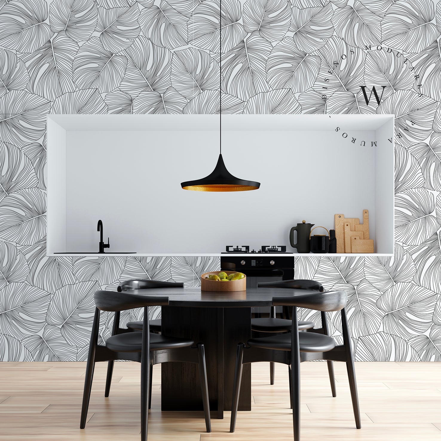 Papel Mural y Vinilico Autoadhesivo para muros de la marca The Wall, diseño de tendencia Black Moustera