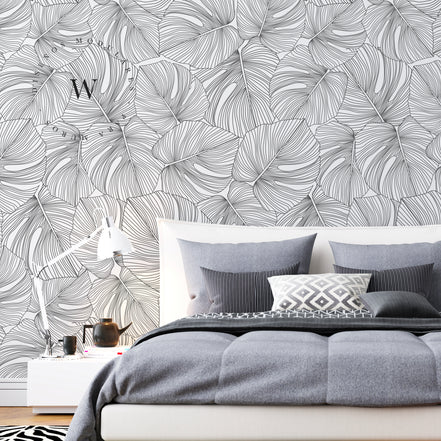 Papel Mural y Vinilico Autoadhesivo para muros de la marca The Wall, diseño de tendencia Black Moustera