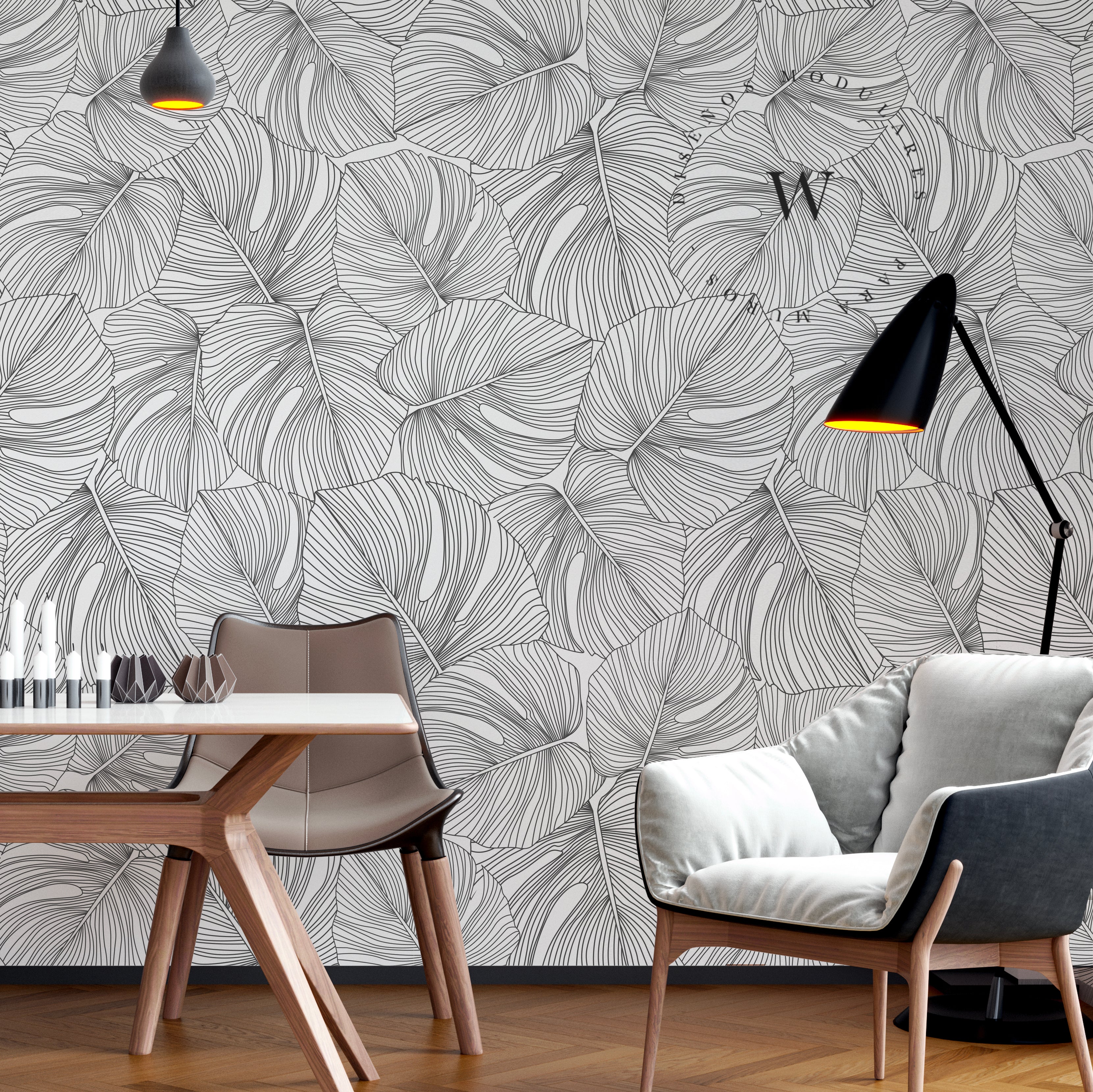 Papel Mural y Vinilico Autoadhesivo para muros de la marca The Wall, diseño de tendencia Black Moustera