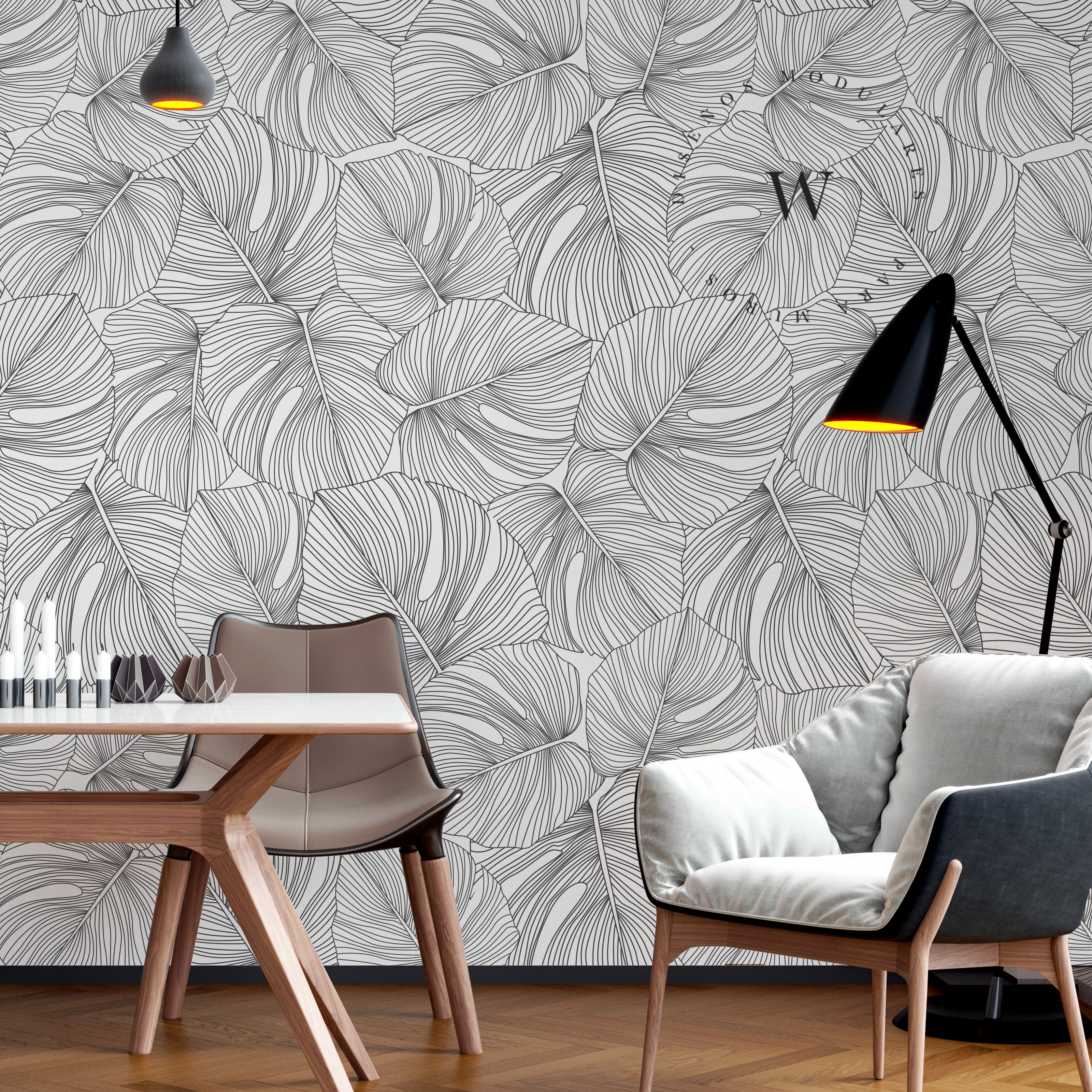 Papel Mural y Vinilico Autoadhesivo para muros de la marca The Wall, diseño de tendencia Black Moustera