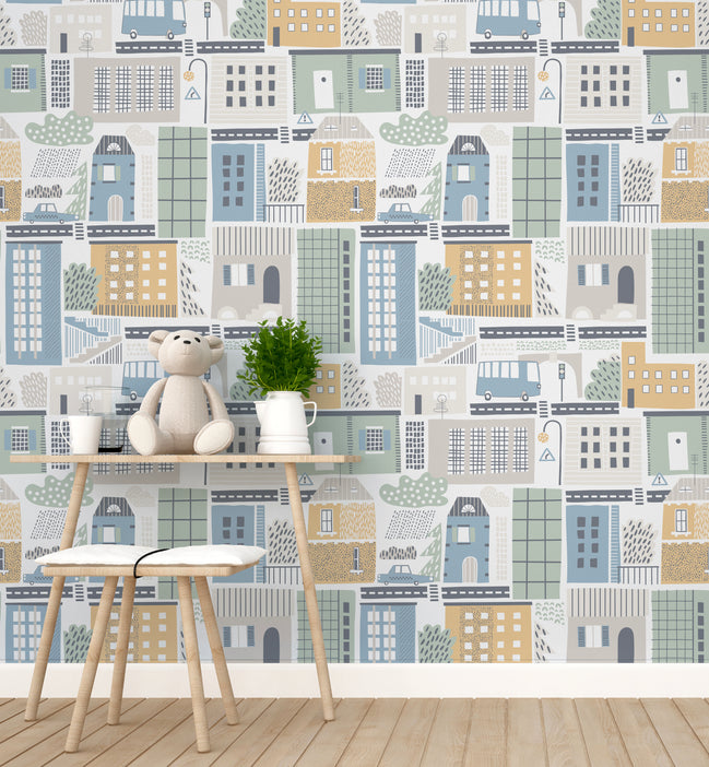Papel Mural y Vinilico Autoadhesivo para muros de la marca The Wall, diseño de tendencia Blue City