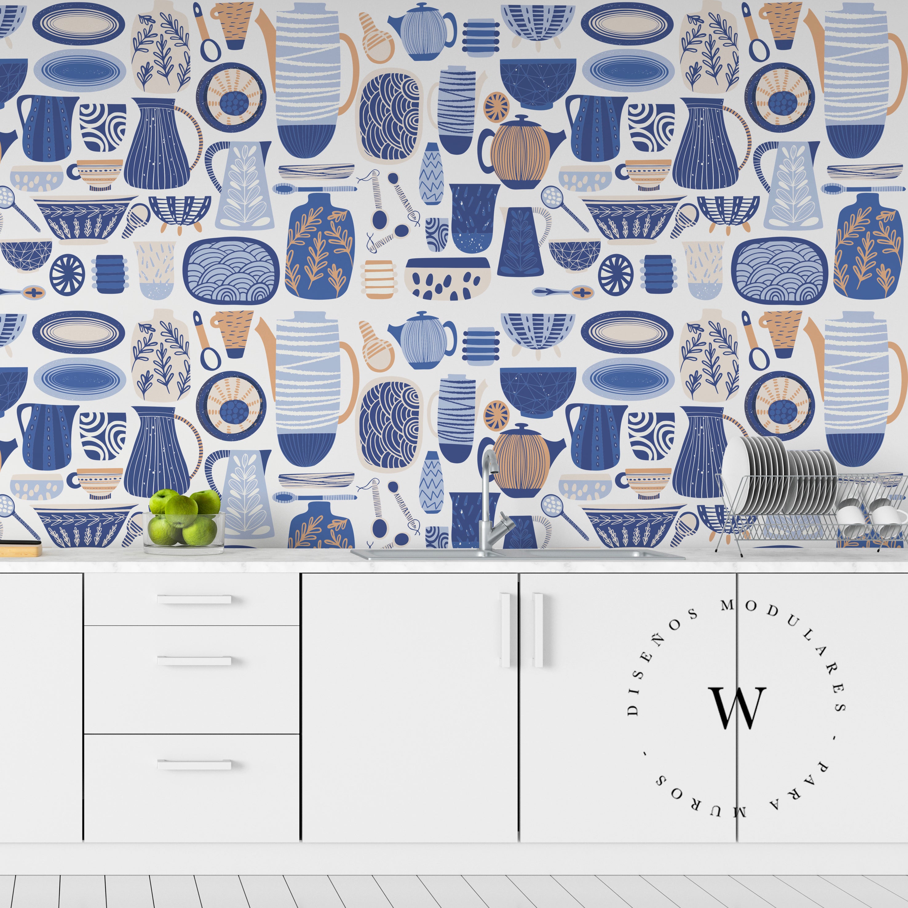 Papel Mural, Papel Pintado, Murales, Gigantografias, Vinilico Autoadhesivo para muros de la marca The Wall, diseño de tendencia Blue Kitchen