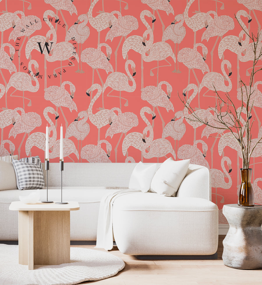 Papel Mural, Papel Pintado, Empavonados, Vinilico Autoadhesivo para muros de la marca The Wall, diseño de tendencia Coral Flamingo
