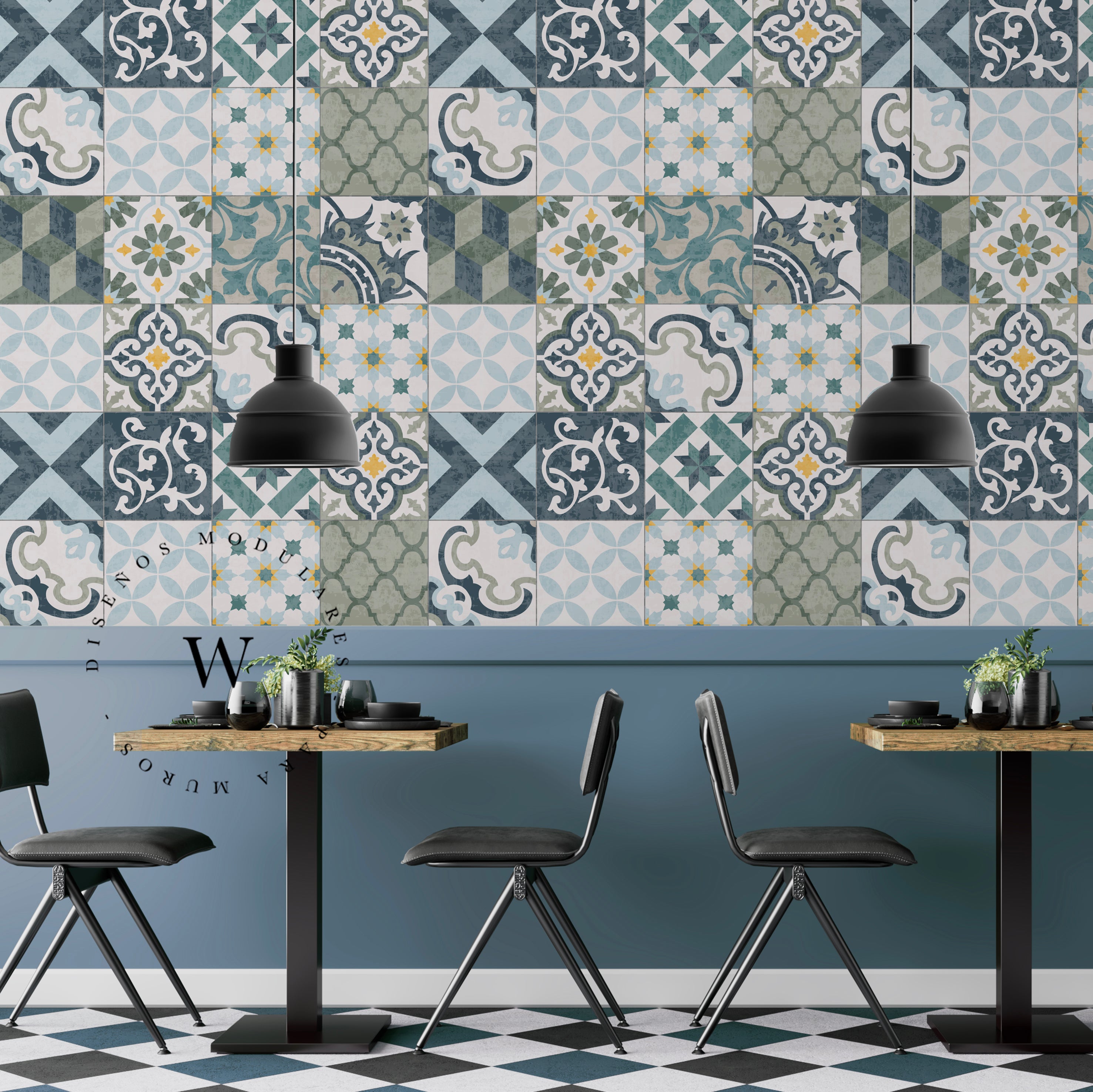 Papel Mural y Vinilico Autoadhesivo para muros de la marca The Wall, diseño de tendencia Green Mosaico