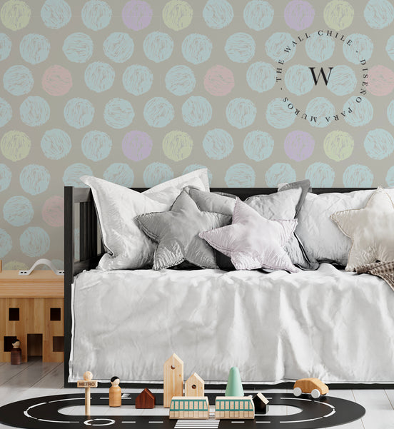 Papel Mural, Papel Pintado, Wallpaper, Mural, Empavonados, Vinilico Autoadhesivo para muros de la marca The Wall, diseño de tendencia Pastel Dots
