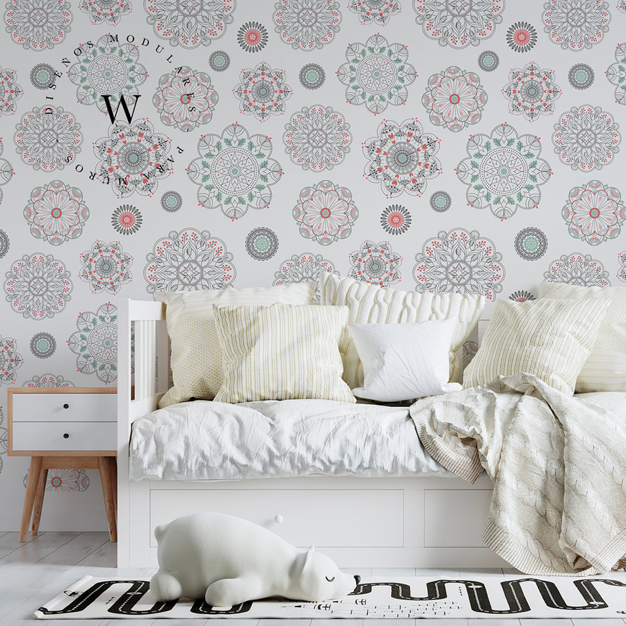 Papel Mural y Vinilico Autoadhesivo para muros de la marca The Wall, diseño de tendencia Soft Mandala