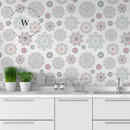 Papel Mural y Vinilico Autoadhesivo para muros de la marca The Wall, diseño de tendencia Soft Mandala