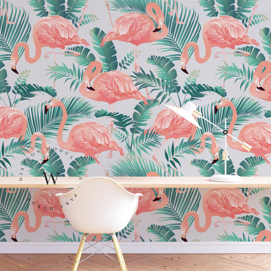 Papel Mural, Papel Pintado, Empavonados, Vinilico Autoadhesivo para muros de la marca The Wall, diseño de tendencia Tropical Flamingo