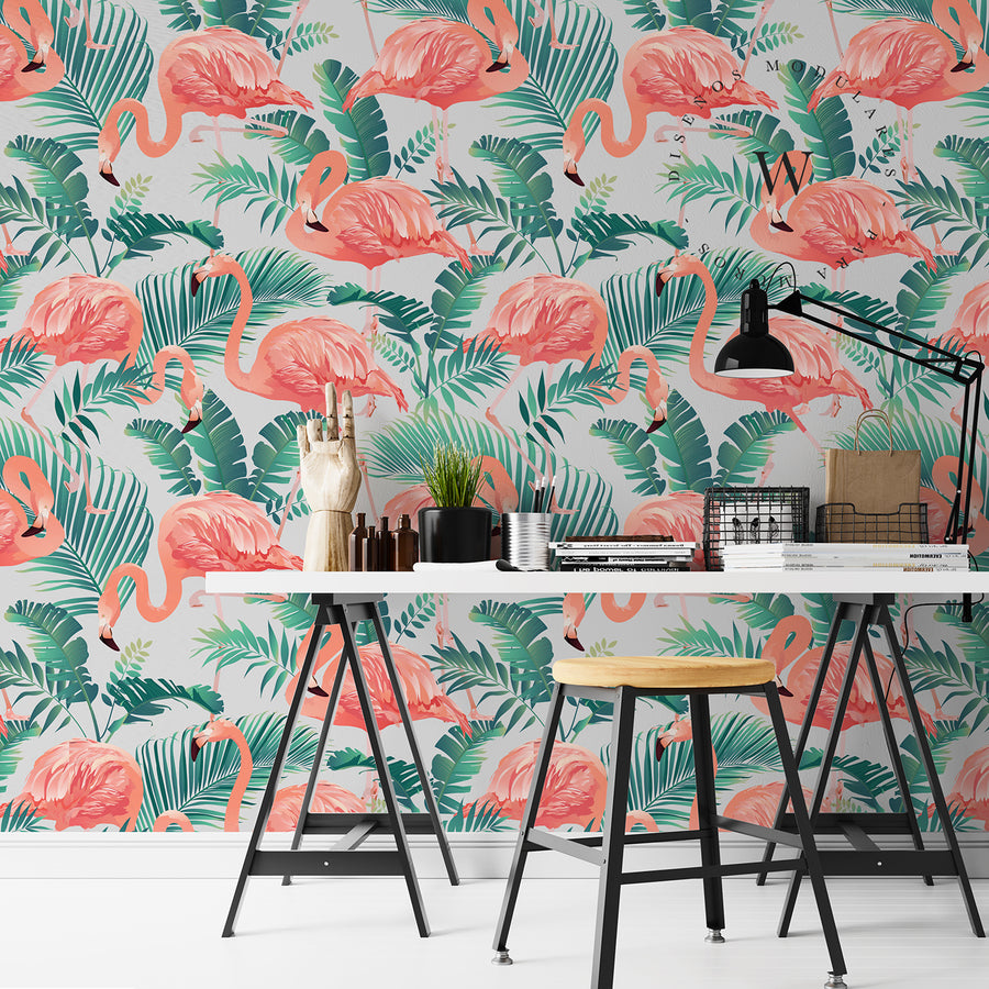 Papel Mural, Papel Pintado, Empavonados, Vinilico Autoadhesivo para muros de la marca The Wall, diseño de tendencia Tropical Flamingo